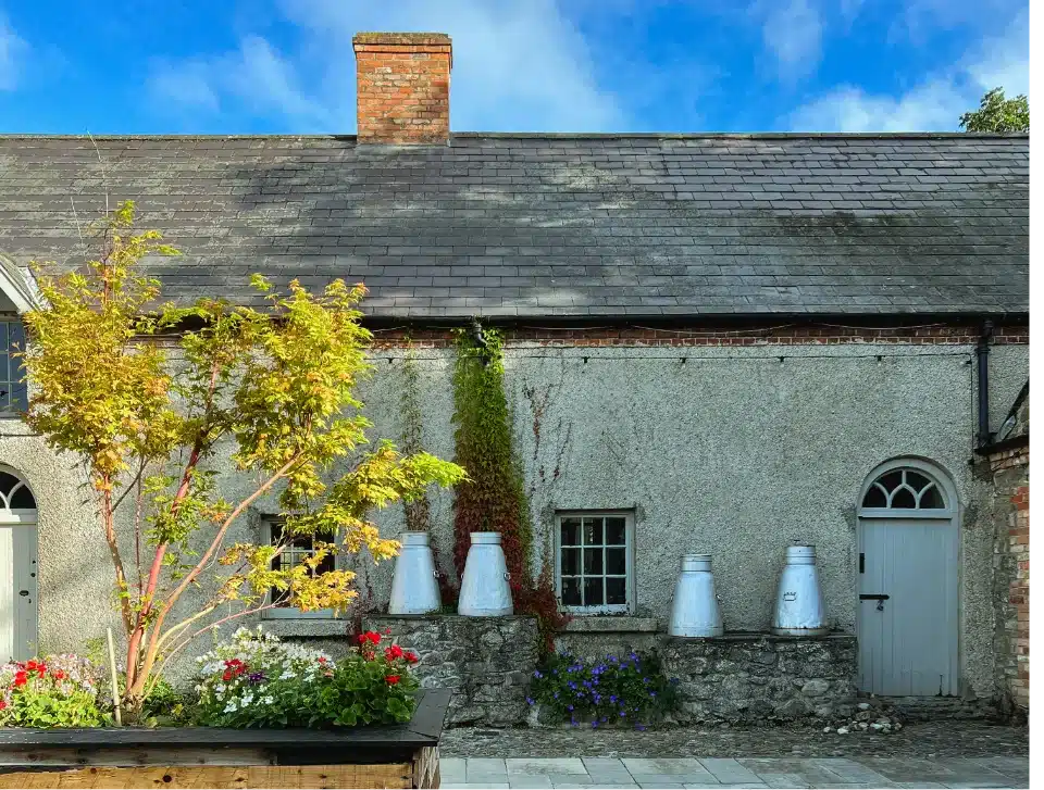 A rustic stone cottage with a slate roof and small windows, featuring a row of large white milk churns lined up against the wall. A tree with yellow leaves and a wooden flower box with colorful blooms are in the foreground.