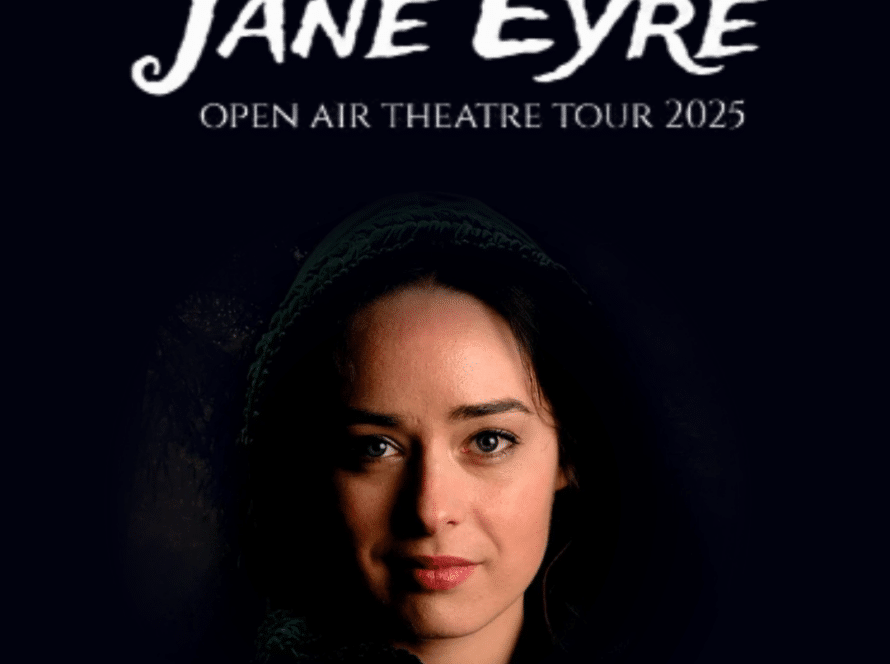 Portrait of a woman in a dark hood against a black background, with "Jane Eyre Open Air Theatre Tour 2025" written above her, evoking the nostalgic allure of 80s Anthems.