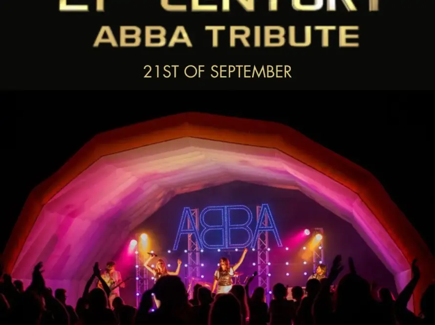 Crowd silhouettes watch a live performance under a lit stage with "ABBA" in neon lights. Text above reads "21st Century ABBA Tribute" and "21st of September." Relive the magic of 80s anthems at Malahide Castle.