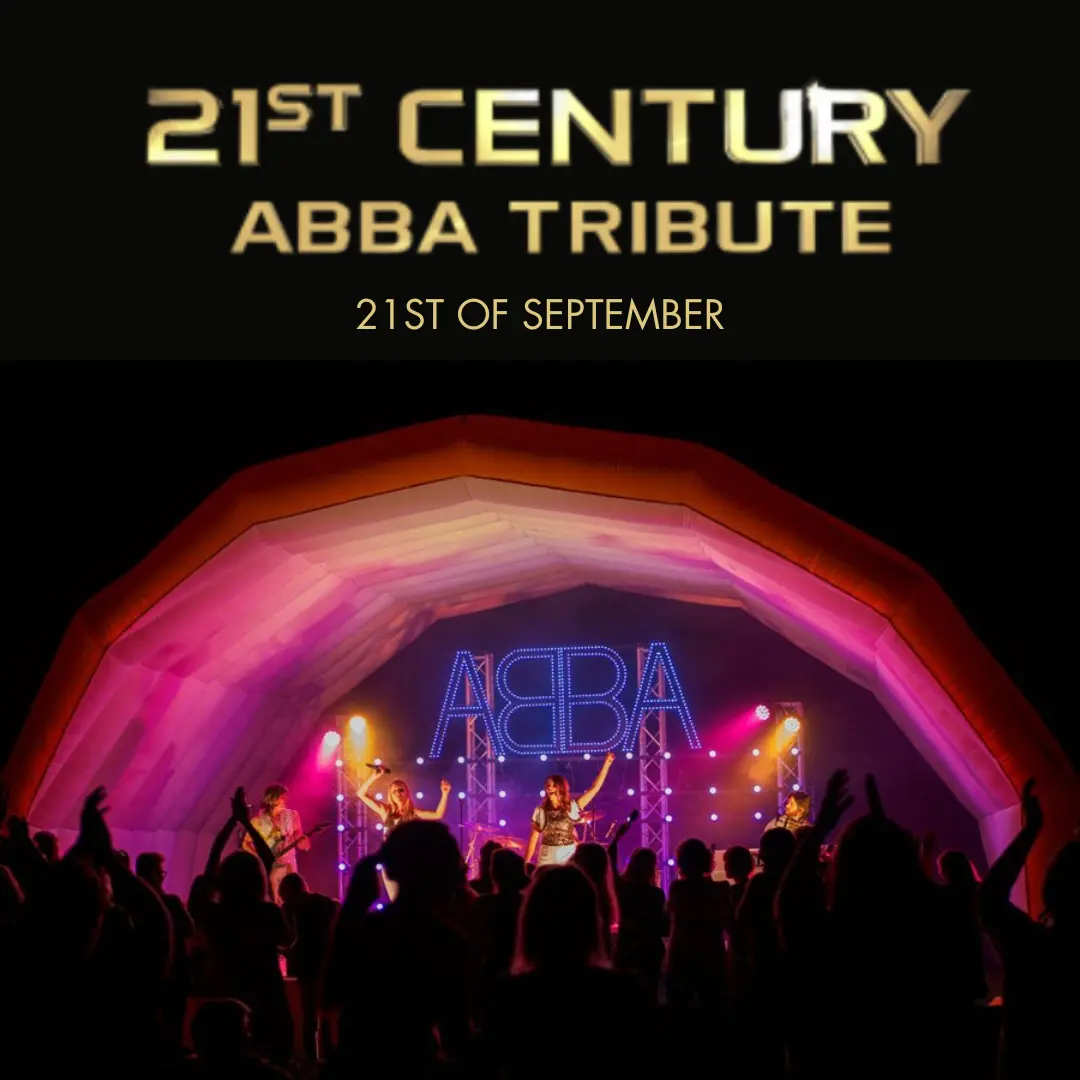 Crowd silhouettes watch a live performance under a lit stage with "ABBA" in neon lights. Text above reads "21st Century ABBA Tribute" and "21st of September." Relive the magic of 80s anthems at Malahide Castle.