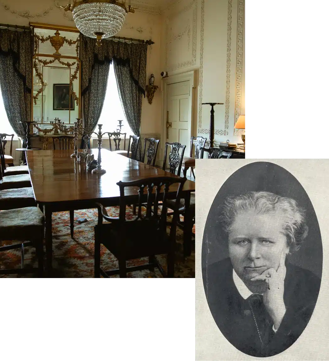 A grand dining room with an ornate chandelier, large mirror, and wooden table surrounded by chairs. Beside it is a black-and-white portrait of a person with short hair, wearing a suit, resting their chin on their hand.