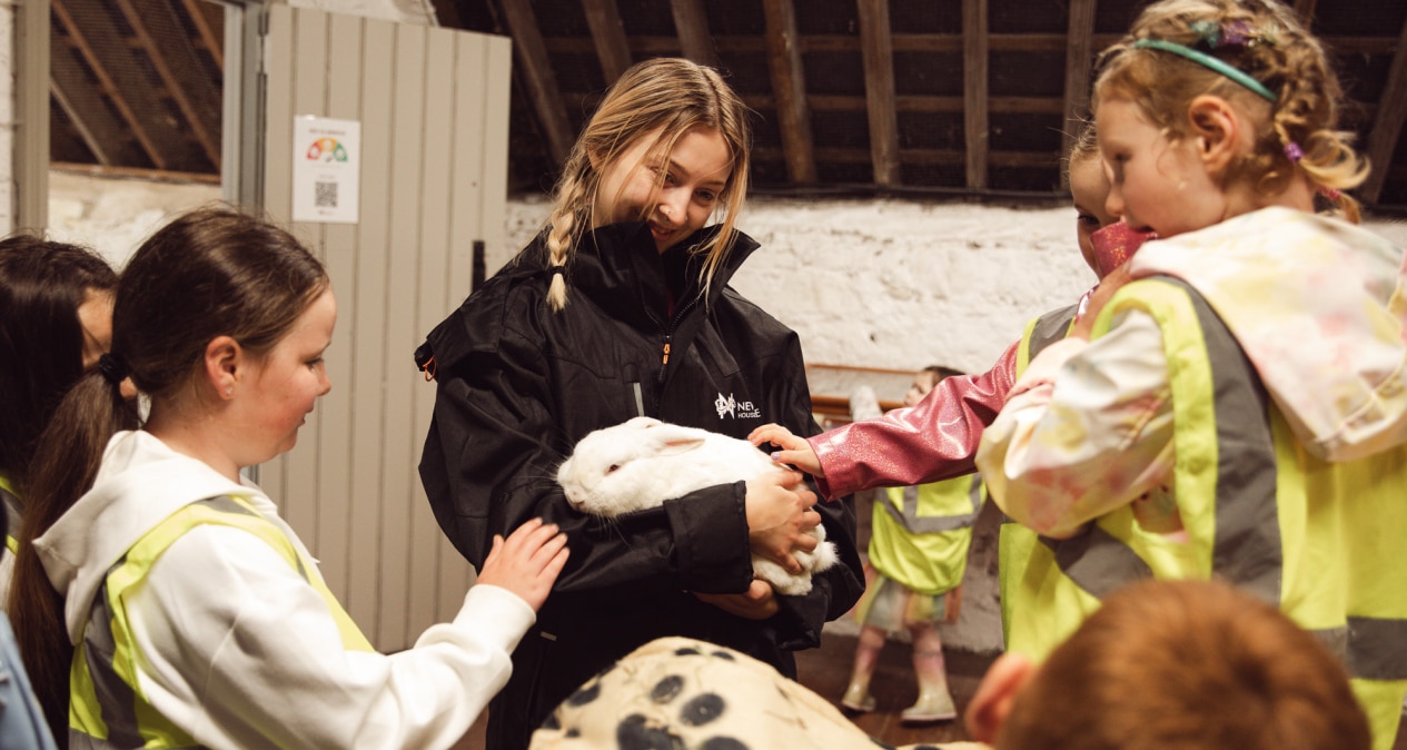 A woman cradles a white rabbit as several children in colorful jackets eagerly gather around to pet it. Indoors at Malahide Castle, the rustic backdrop creates a warm, educational atmosphere.